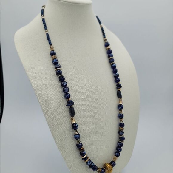 Necklace Blue Glass Beads & Metal Beads Bohemian Handmade Necklace #442 - Picture 4 of 15